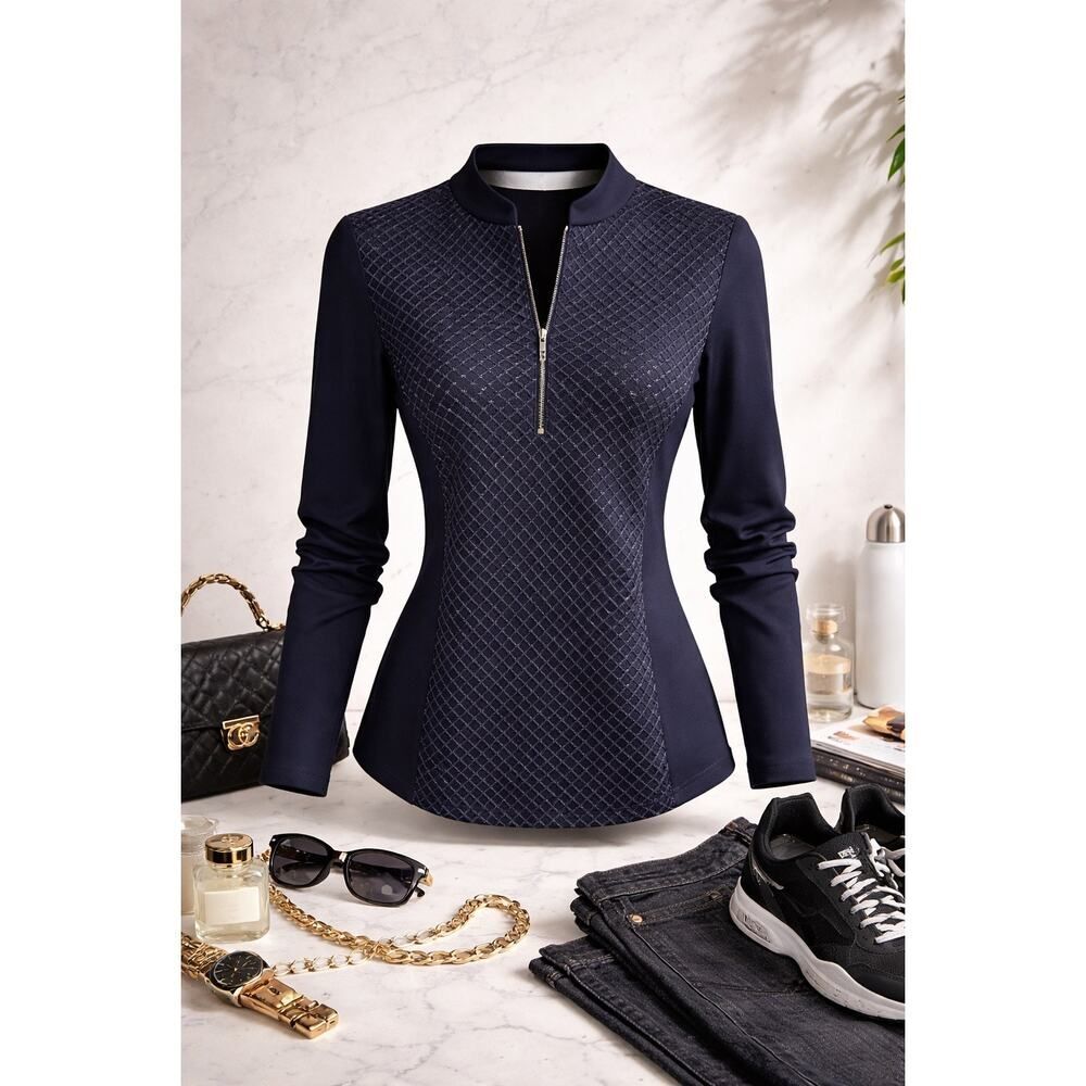 Anne Fontaine Desmond Zip Front Blouse Navy Blue Stretch Top Sz 44 US 12